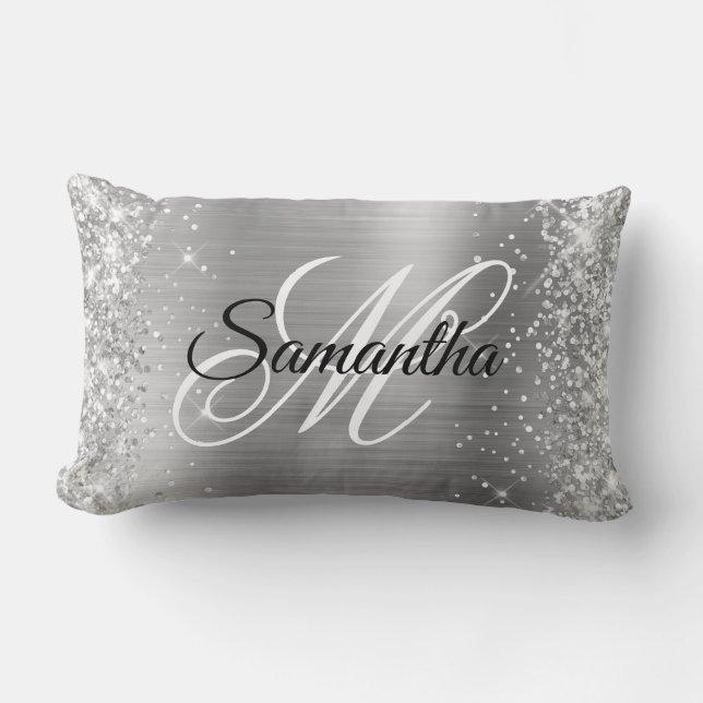 Silver Glitter and Shiny Satin Foil Fancy Monogram Lumbar Cushion (Front)
