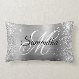 Silver Glitter and Shiny Satin Foil Fancy Monogram Lumbar Cushion
