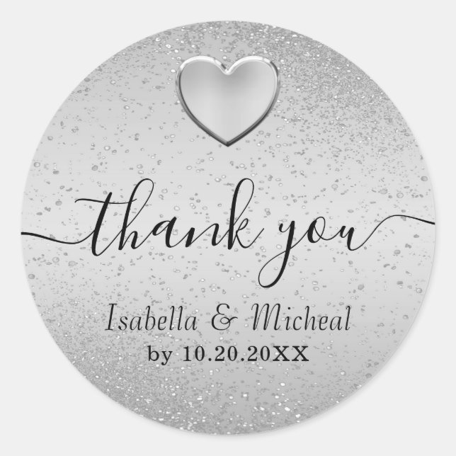 Silver Glitter and Silver  Heart - Thank You  Classic Round Sticker (Front)
