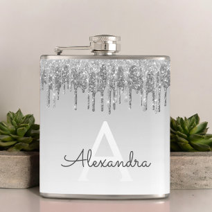 Silver Glitter and Sparkle Monogram Hip Flask