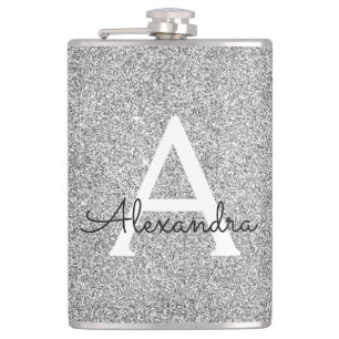 Silver Glitter and Sparkle Monogram Initial Hip Flask