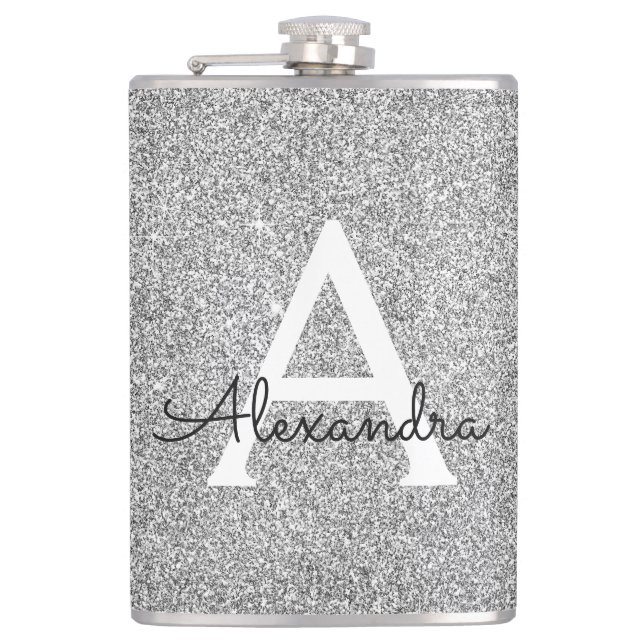Silver Glitter and Sparkle Monogram Initial Hip Flask (Front)