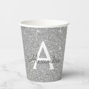 Silver Glitter and Sparkle Monogram Paper Cups