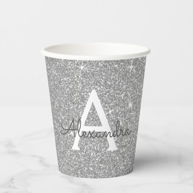 Silver Glitter and Sparkle Monogram Paper Cups (Front)