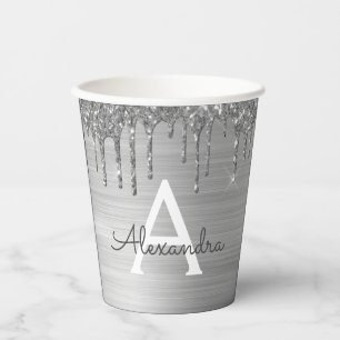 Silver Glitter and Sparkle Monogram Paper Cups