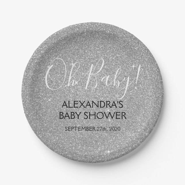 Silver Glitter and Sparkle Oh Baby! Shower Paper Plate (Front)