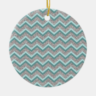 Silver Glitter and Teal ZigZag Ceramic Tree Decoration
