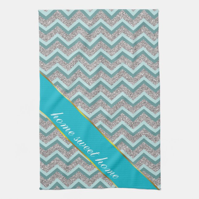 Silver Glitter and Teal ZigZag Tea Towel (Vertical)