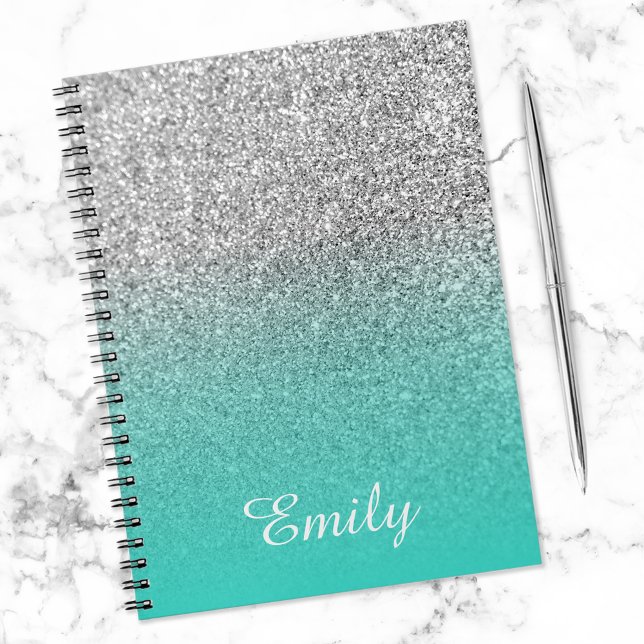 Silver Glitter and Turquoise Ombre Personalized Notebook (Creator Uploaded)