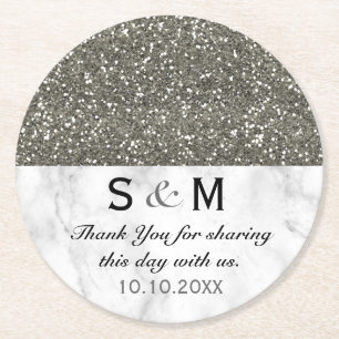 Silver Glitter And White Marble Wedding Monogram Round Paper Coaster