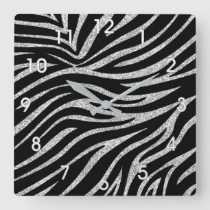 SILVER GLITTER AND ZEBRA STRIPES WALL CLOCK