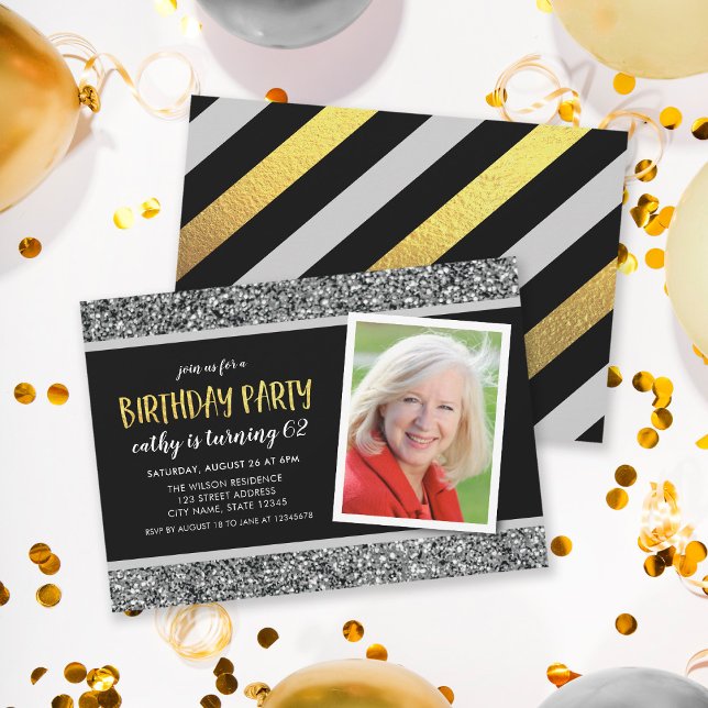 Silver Glitter Any Age Photo Birthday Invitation (Creator Uploaded)