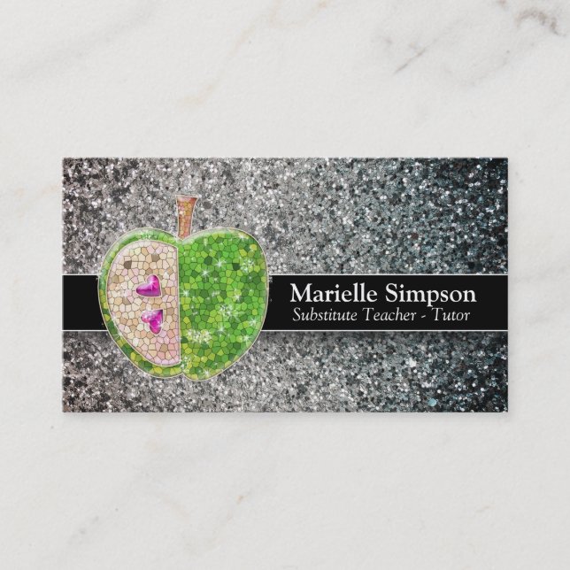 Silver Glitter Apple Substitute Teacher Tutor MUA Business Card (Front)