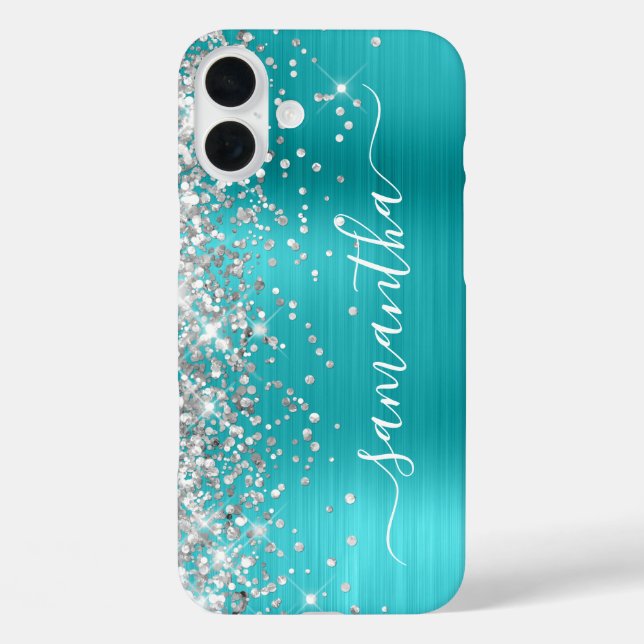 Silver Glitter Aqua Blue Metallic Girly Signature Case-Mate iPhone Case (Back)