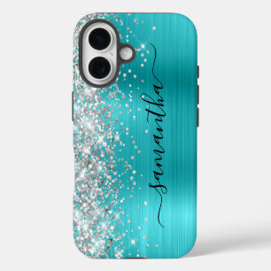 Silver Glitter Aqua Blue Metallic Girly Signature iPhone 16 Case