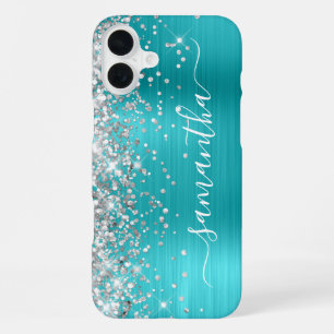 Silver Glitter Aqua Blue Metallic Girly Signature iPhone 16 Plus Case