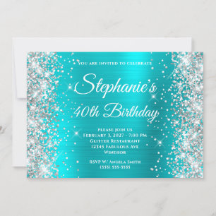 Silver Glitter Aqua Blue Monogram 40th Birthday Invitation