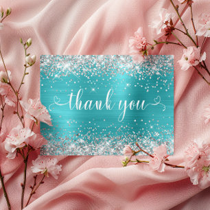 Silver Glitter Aqua Blue Sweet 16 Hearts Thank You Postcard