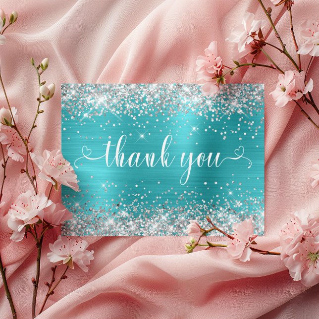 Silver Glitter Aqua Blue Sweet 16 Hearts Thank You Postcard (Silver Glitter Aqua Blue Sweet 16 Hearts Thank You Postcard)