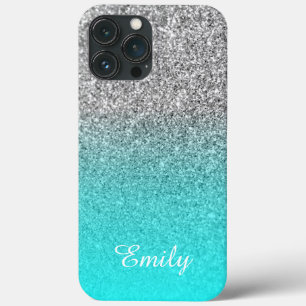 Silver Glitter Aqua Ombre Personalised iPhone 13 Pro Max Case