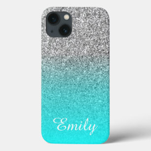 Silver Glitter Aqua Ombre Personalised iPhone 13 Case