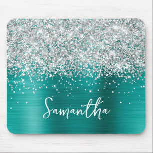 Silver Glitter Aqua Teal Glam Name Mouse Pad