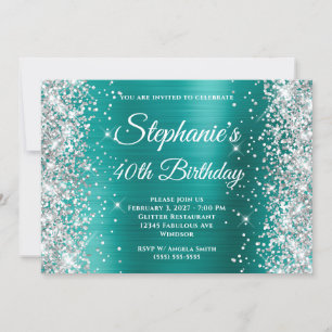 Silver Glitter Aqua Teal Monogram 40th Birthday Invitation