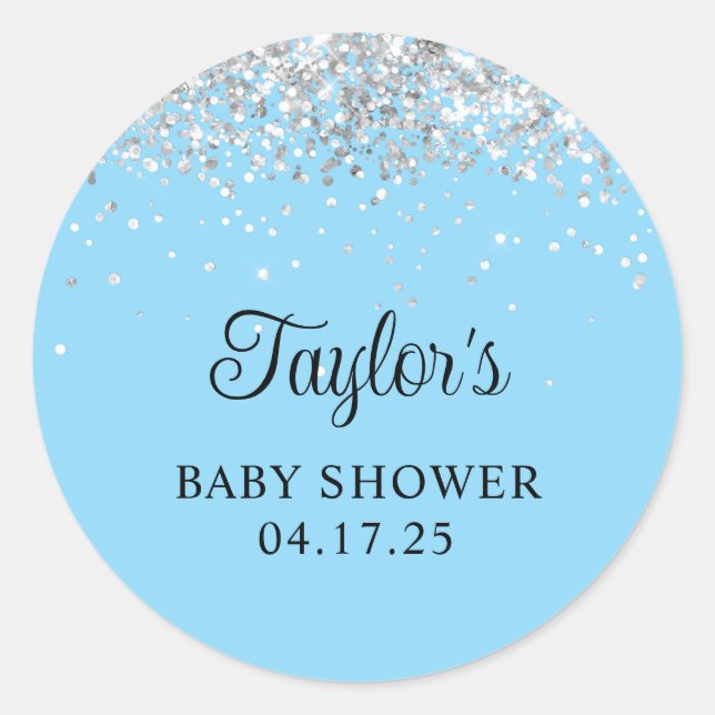 Silver Glitter Baby Blue Shower Classic Round Sticker (Front)
