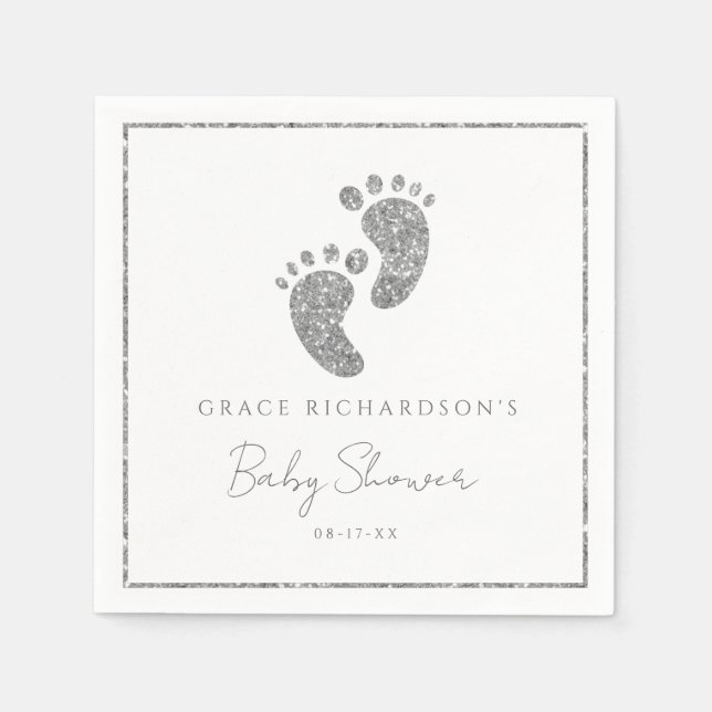 Silver Glitter Baby Feet Baby Shower Personalised  Napkin (Front)