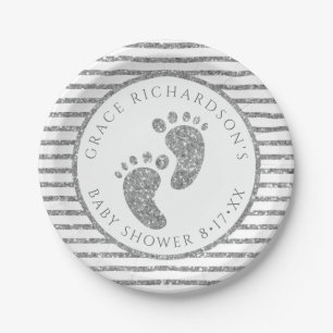 Silver Glitter Baby Feet Baby Shower Personalised  Paper Plate