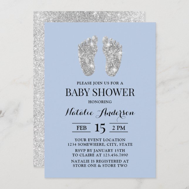 Silver Glitter Baby Feet Light Blue Baby Shower Invitation (Front/Back)