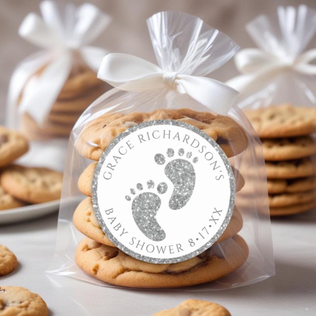 Silver Glitter Baby Shower Favour Sticker (Silver Glitter Baby Feet Favor Sticker)