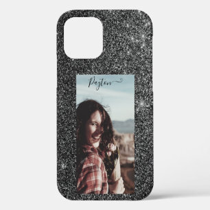 Silver Glitter Background Custom Name Photo Black iPhone 12 Case