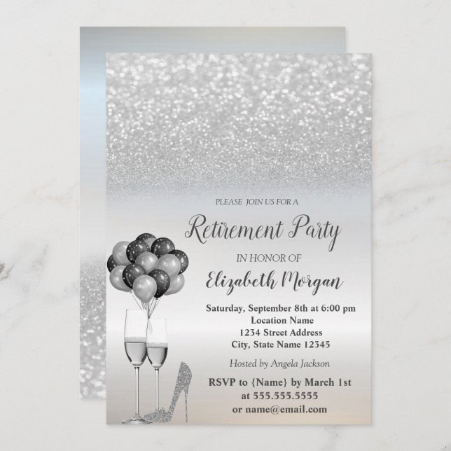 Silver Glitter,Balloons,High Heel Retirement Party Invitation (Front/Back)