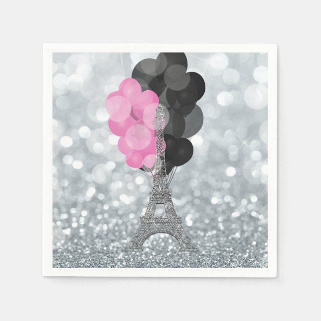 Silver Glitter & Balloons Paris Eiffel Tower Party Napkin (Front)
