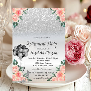 Silver Glitter,Balloons, Roses Retirement Party Invitation