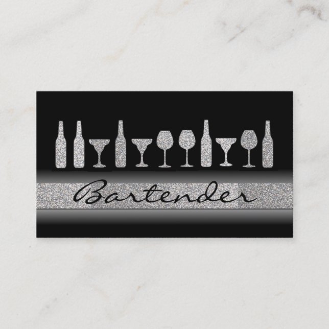 Silver glitter bartender drinks business card (Front)