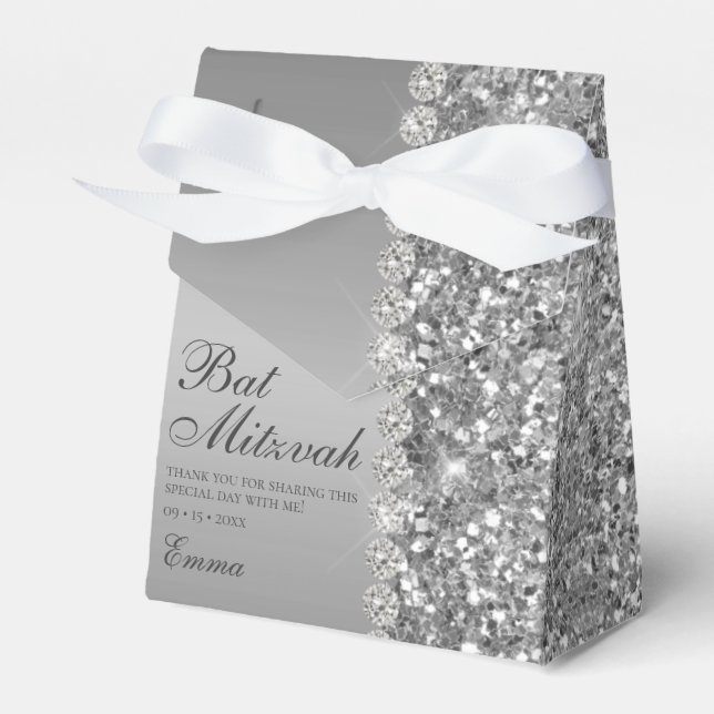 Silver Glitter Bat Mitzvah Favour Box (Front Side)