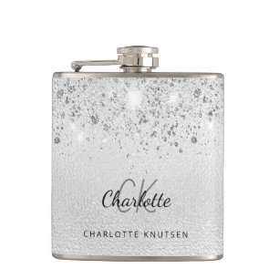 Silver glitter best friends monogram hip flask