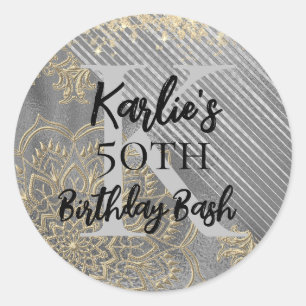 Silver Glitter Birthday Mandala Monogram Classic Round Sticker