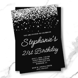 Silver Glitter Black 21st Birthday Invitation