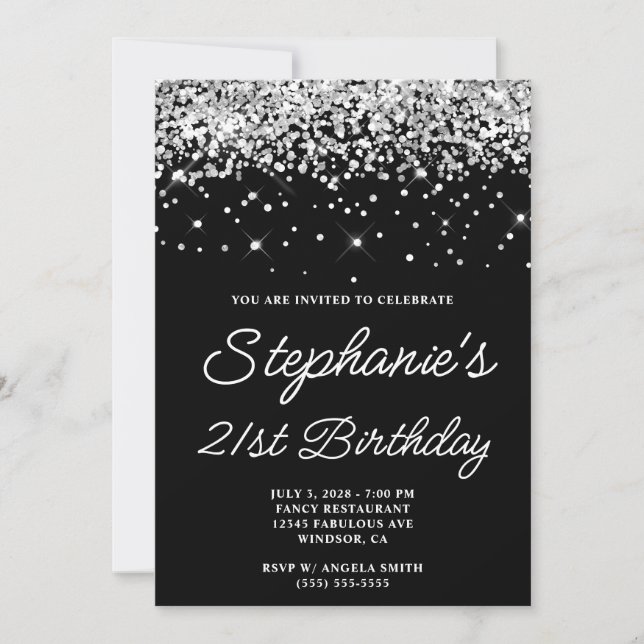 Silver Glitter Black 21st Birthday Invitation (Front)