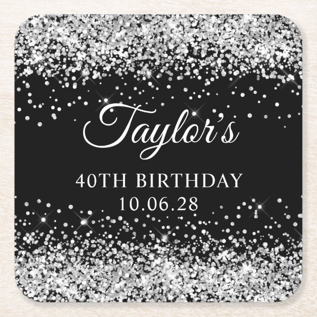 Silver Glitter Black 40th Birthday Square Paper Coaster (Front)