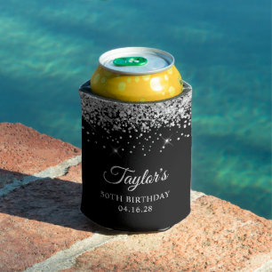 Silver Glitter Black 50th Birthday Can Cooler