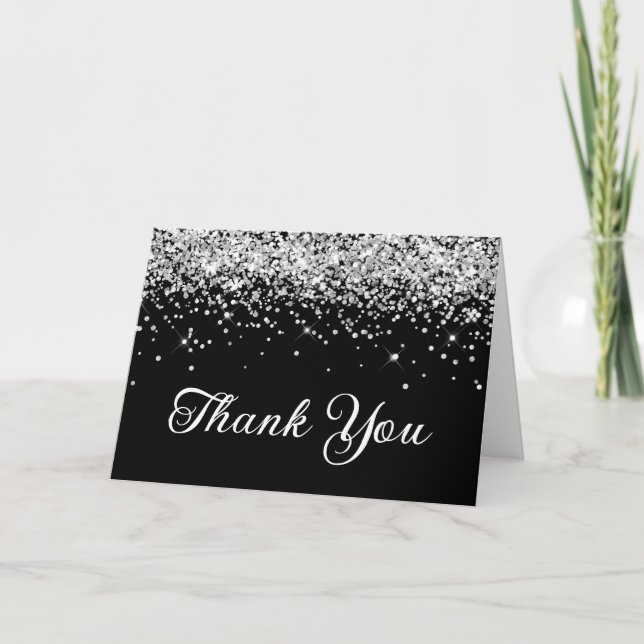 Silver Glitter Black 50th Birthday Thank You Card (Front)