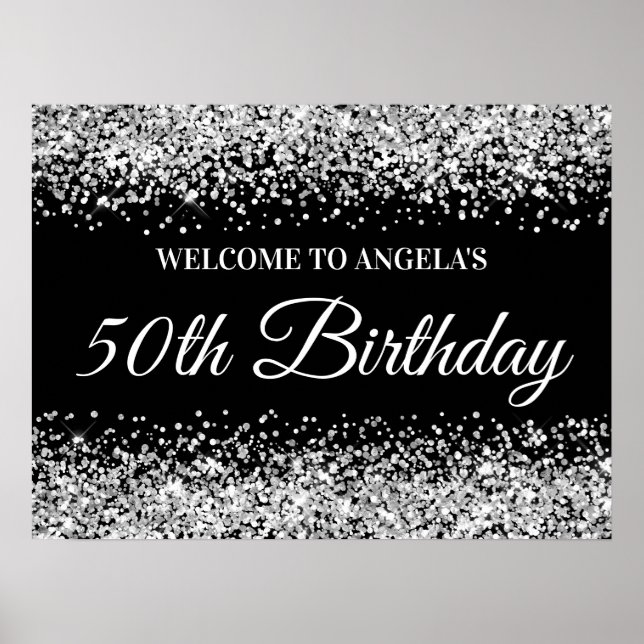 Silver Glitter Black 50th Birthday Welcome Poster (Front)