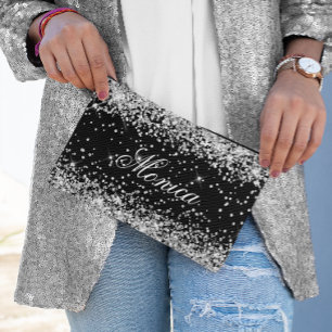 Silver Glitter Black Accessory Pouch