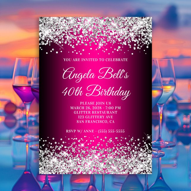 Silver Glitter Black and Hot Pink 40th Birthday Invitation (Silver Glitter Black and Hot Pink 40th Birthday Invitation)