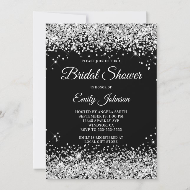Silver Glitter Black Bridal Shower Fancy Script Invitation (Front)