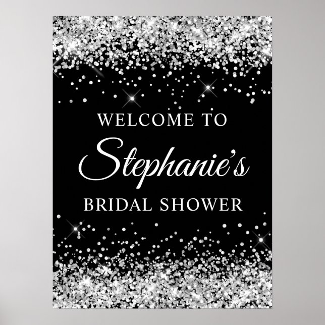 Silver Glitter Black Bridal Shower Welcome Poster (Front)